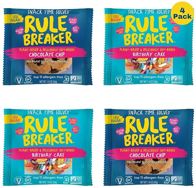 Rule Breaker Vegan & Gluten Free Cookies | Birthday Cake & Chocolate Chip | Plant-Based, Top 11 Allergen-Free | Soft-Baked, Great Snacks for Kids & Adults, Individually Wrapped (Pack of 4)