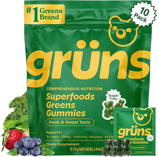 Gruns Sugar-Free Super Greens Gummies, Multivitamin Superfood Gummy Bears, Spirulina, Chlorella, Prebiotics & Fiber gummies for Digestive Health, Adaptogens Supplement, 20 Vitamins & Minerals, 10 pack