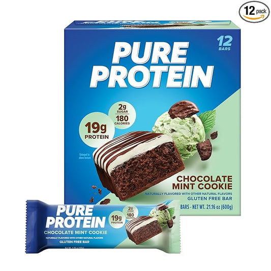 Pure Protein Chocolate Mint Cookie Protein Bars – 20g Protein, 3g Sugar, 190 Calories (12 count) Low Sugar* High Protein Snack - Gluten Free - Perfect for a Healthy Snack