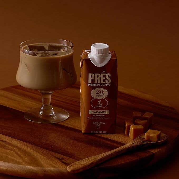 Prés - Protein Coffee - High Protein - Real Cold Brew - 20g Protein - 1g Sugar - 100 Calories - No Added Sugar - Coffee - Protein - 11 FL OZ - 12 Pack (Caramel)