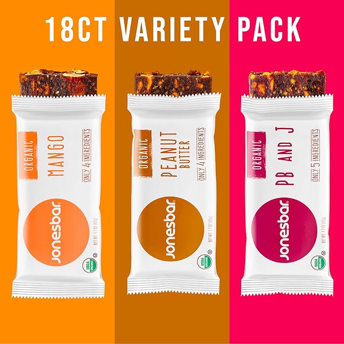 JONESBAR Organic Plant Based Protein Bars | 18 Count Variety Pack | Fruit & Nut Bar, Kosher, Gluten Free, Breakfast Bars, School Snacks, Vegan Snack & Healthy Snacks for Adults and Kids (Pack of 18)