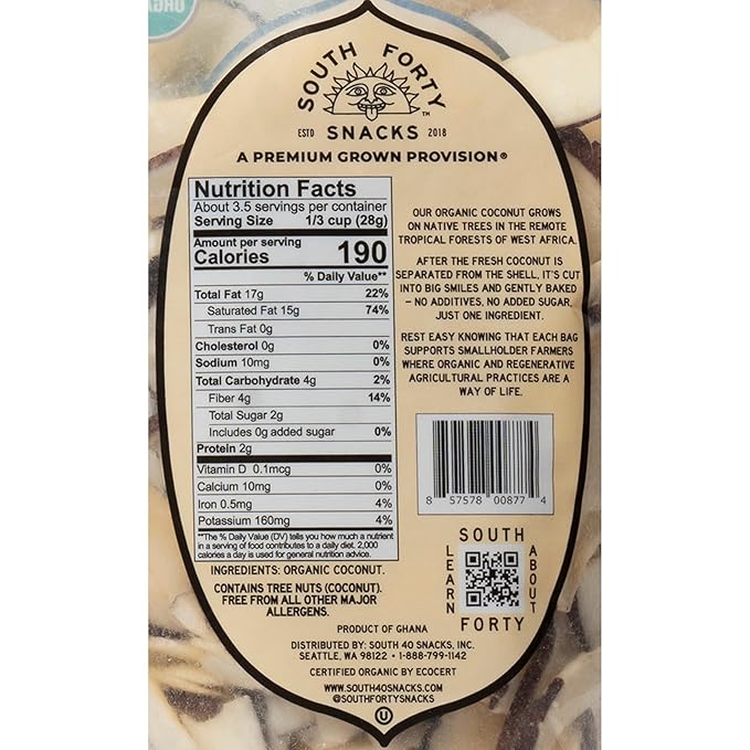 South 40 Snacks Organic Coconut Chips, Just 1 Ingredient (3.5oz bag, pack of 4)