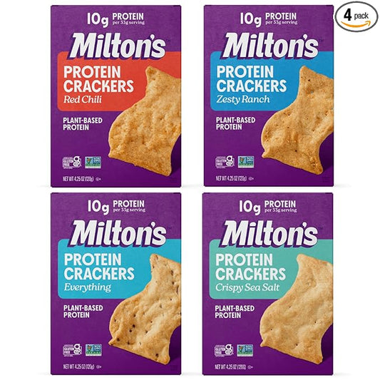 Milton's Protein Crackers Variety Bundle (Red Chili, Zesty Ranch, Everything, Crispy Sea Salt) - 10g of Plant-Based Protein Per Serving, Certified Gluten Free, Non-GMO - 4.25 Oz, Pack of 4