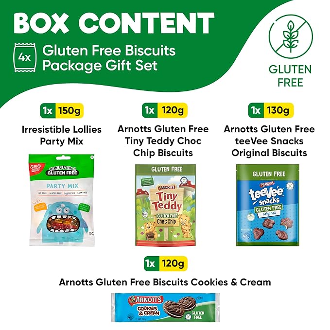Gluten-Free Snack Box - Premium Assorted Cookies & Treats - Includes Simply Wize Party Mix, Tiny Teddy Choc Chip, TeeVee Snacks & More - Coeliac Friendly Gift (Pack of 4)