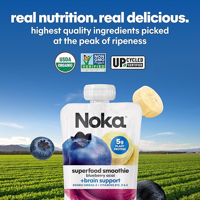 Noka Superfood Fruit Smoothie Pouches Ready to Drink with Brain Support, Healthy Snacks w/ 850mg Omega-3 Flax Seed Plant Protein Vegan Gluten Free Organic Fruit Squeeze Pouch Blueberry Acai 4.22 oz 6 Count