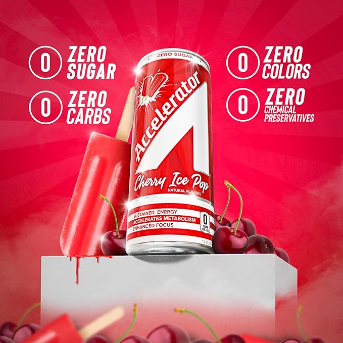 Accelerator Energy Drink, Cherry Ice Pop 12oz can (12 pack), Zero Sugar, Sustained Energy from 100% Natural Caffeine (200mg from Green Coffee Bean & Green Tea extract)