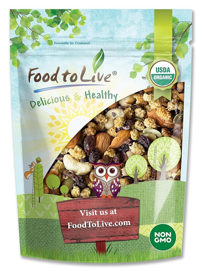 Food to Live Organic Snack Wise Trail Mix, 8 Ounces — Raw and Non-GMO Contains Cacao Nibs, Raisins, Almonds, Cashews, Walnuts, Mulberries, Pumpkin Seeds. Vegan Superfood, Kosher, No Added Sugar, Bulk