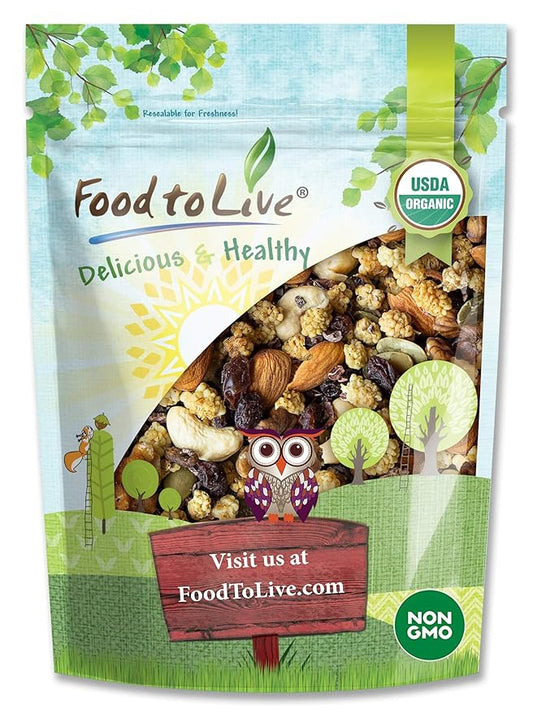Food to Live Organic Snack Wise Trail Mix, 8 Ounces — Raw and Non-GMO Contains Cacao Nibs, Raisins, Almonds, Cashews, Walnuts, Mulberries, Pumpkin Seeds. Vegan Superfood, Kosher, No Added Sugar, Bulk