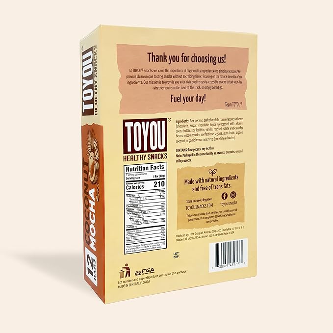 ToYou Gluten Free Chewy Fruit and Nut Bars - Healthy Protein Snacks | Coconut Mocha - 1.41 Ounce (Pack of 12) | Soft Chewy, Vegan, Fiber-Packed Granola Bars for Adults and Kids, Made with Natural Ingredients