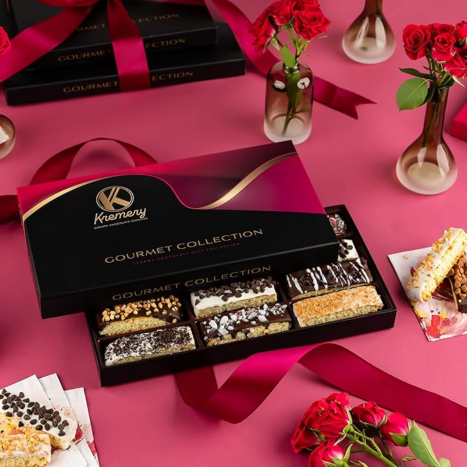 KREMERY Creamy Chocolate Cravings - Valentines Day Chocolate Covered Biscotti Cookies Gift Basket, in Elegant Gift Box (12 Biscotties, Assorted Sweet Toppings) Sweet Treats Food Arrangement, Kosher