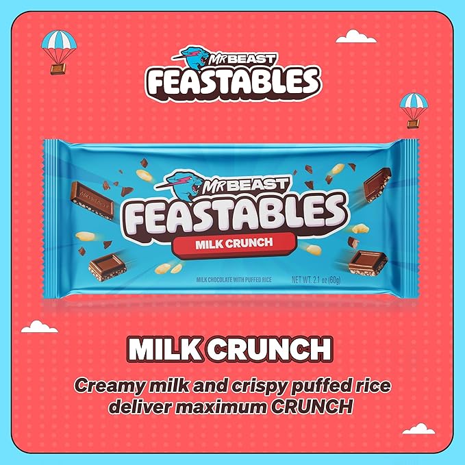 Feastables MrBeast Milk Chocolate Crunch Chocolate Bar, King Size Candy Bar for Adults & Kids, Candy Bars for Snacks, Gifts, & Dessert, Sweet & Creamy Quality Fairtrade Cocoa, 2.1 Oz Each, 10 Count