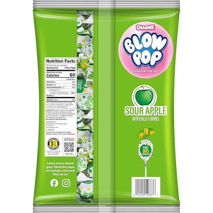 Charms Blow Pop Single Flavor Bag - Sour Apple Flavored Lollipops with a Bubble Gum Center - Individually Wrapped Hard Candy - Green Candy - Peanut Free, Gluten Free, 50 Count (Pack of 1)