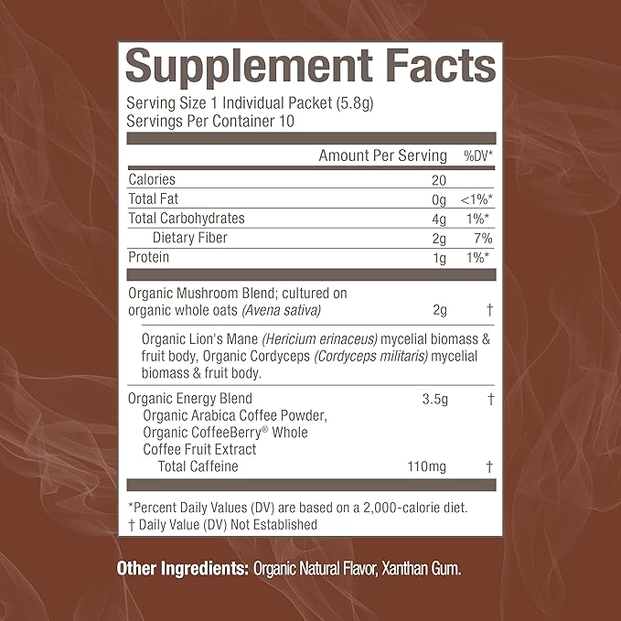 OM MUSHROOM SUPERFOOD Instant Coffe – Organic Arabica with Lion’s Mane, Cordyceps, Reishi, Turkey Tail & Ginkgo Biloba – Supports Energy, Focus & Mental Clarity – Single Serve Pack (10 Count)