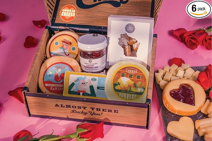 Cheese Bros "Love is Cheesy" Valentine Gift Box | Fresh from Wisconsin | Includes Goudas, Dill Havarti, Sharp Cheddar, Cherry Jam and Sea Salt Caramels | Valentine's Gift for Everyone