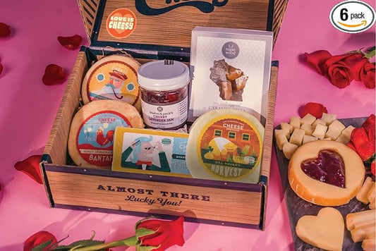 Cheese Bros "Love is Cheesy" Valentine Gift Box | Fresh from Wisconsin | Includes Goudas, Dill Havarti, Sharp Cheddar, Cherry Jam and Sea Salt Caramels | Valentine's Gift for Everyone