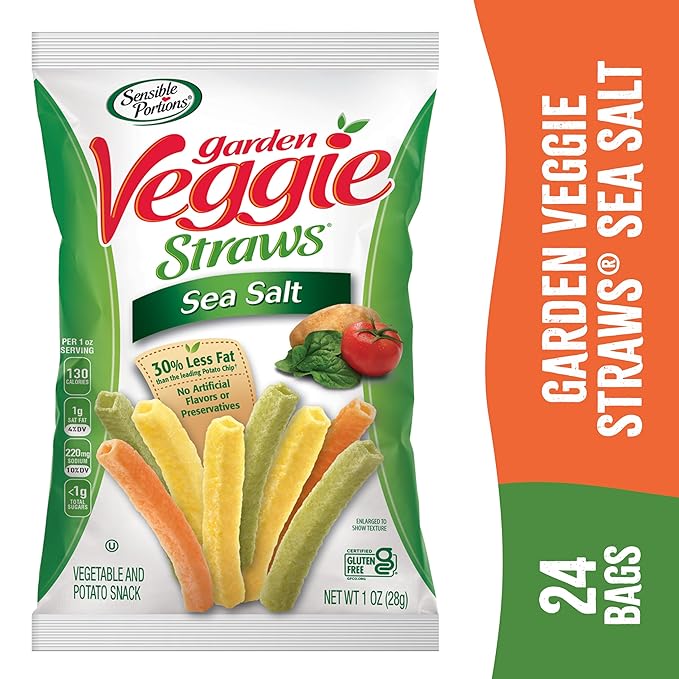 Sensible Portions Garden Veggie Snacks - Veggie Straws, Gluten Free, Snack Size Sea Salt, 1 Oz (Pack of 24)