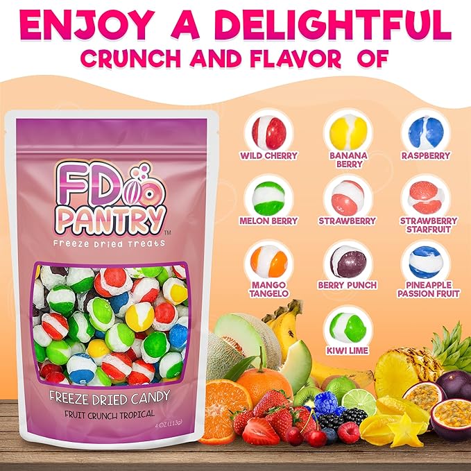 Freeze-Dried Candy Fruit Crunch Tropical, 4 oz, Assorted Variety Flavors, Bag Pouch, Ideal Gift Snack