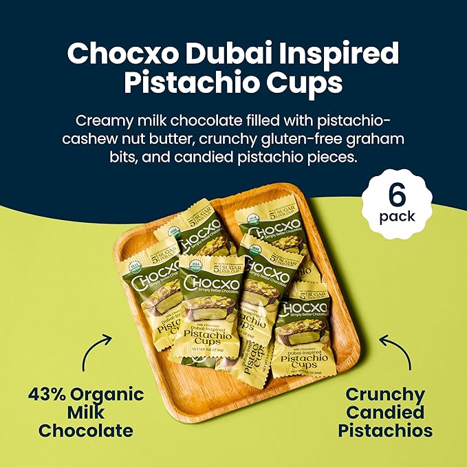 Chocxo Milk Dubai Chocolate Pistachio Cups - Lower Sugar, Organic, NonGMO, Keto, Gluten Free, Kosher. 43% Cacao, No Artificial Sweeteners/Sugar Alcohols, 3.45 oz (Pack of 6)
