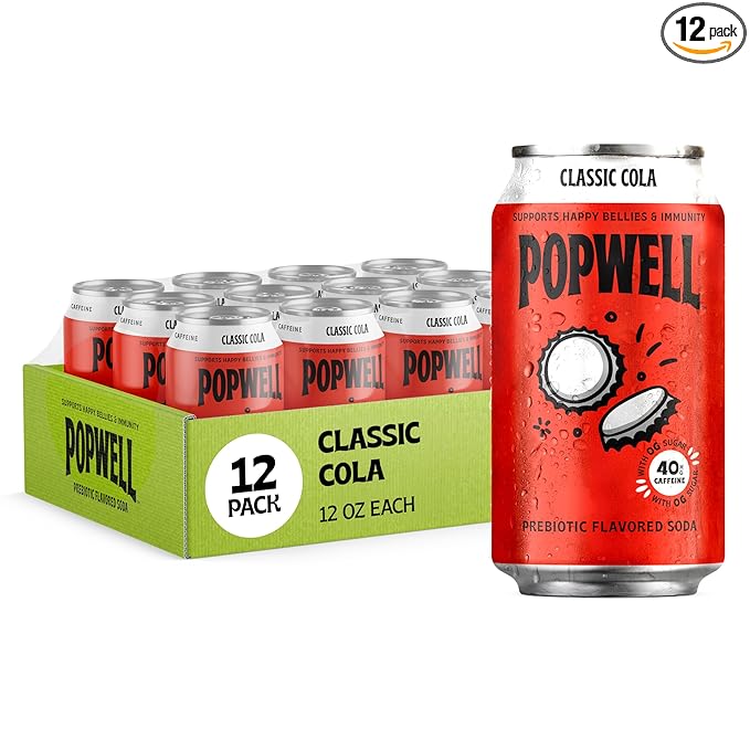 Popwell Classic Cola Caffeinated Better-For-You Prebiotic Soda, with 6g Fiber, 1g Sugar, Vitamins and Immunity Support, 12 fl oz Cans (pack of 12)