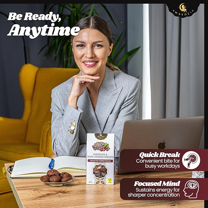 Ambrozia Vegan Snack Biscuits – Chocolate & Sour Cherry - Soft Baked, No Added Sugar, Clean Label, High Fiber & Wholesome Ingredients, Kid-Friendly, Healthy Snacks for Active Lifestyles, 4 x 4.58 Oz