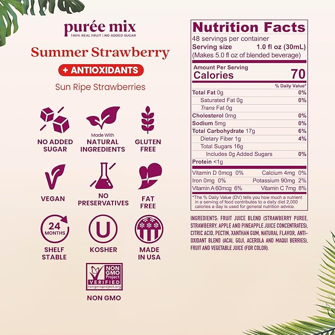 Smartfruit Summer Strawberry + Antioxidants – 100% Real Fruit Purée with Strawberries, Apple & Pineapple – Great for Smoothies, Juice, Yogurt, Cocktails, Teas & More – 48oz