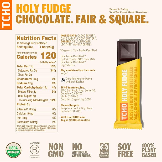 TCHO Holy Fudge Chocolate Truffle Bars - 100% Plant-Based Organic Dark Chocolate - Vegan, Soy-Free, Gluten-Free, Individually Wrapped Pure Cacao Bars - Rich Fudgy Indulgence in Every Bite (18-Pack)
