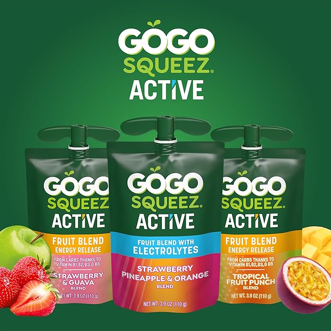 GoGo squeeZ Active Fruit Blend with Electrolytes | 18-Count Variety Pack | Blueberry Strawberry Lemon & Strawberry Pineapple Orange | Made with Real Fruit and Antioxidants Vitamin A, E, & C