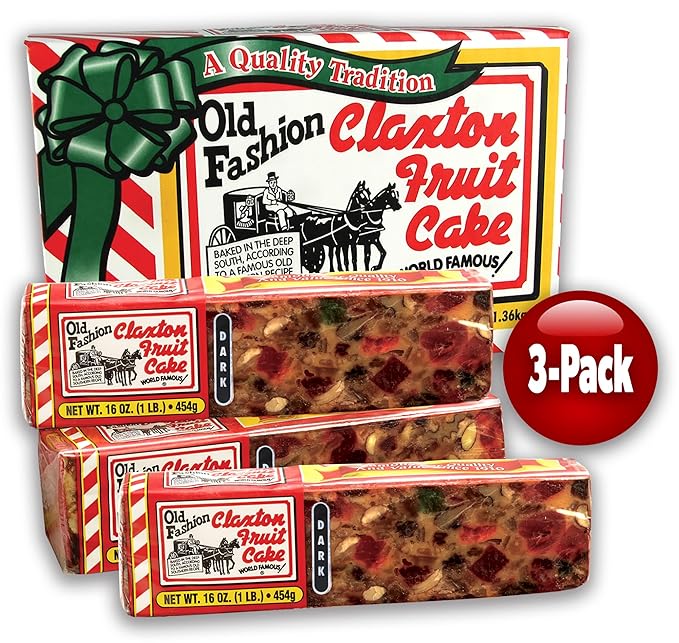 Claxton Fruit Cake – 3-1 Lb. Dark Recipe | Old Fashioned Holiday Fruitcake Packed in our Traditional Claxton Carton | A Holiday Favorite for over 115 years | 3-Pack