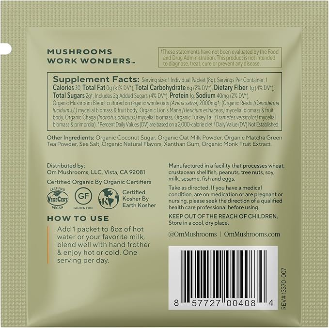 OM MUSHROOM SUPERFOOD Matcha Latte Blend – Green Tea Mushroom Powder with Lion’s Mane, Reishi, Chaga & Turkey Tail – Focus, Calm & Stress Support – Single Serve Packets (10 Count)