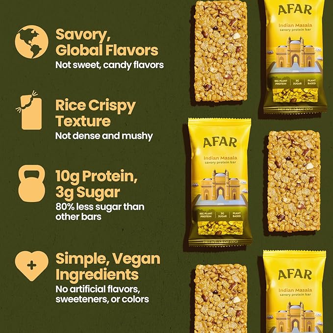 Afar Savory Protein Bars – Low Sugar, High Protein – Healthy Snacks for Adults – Meal Replacement Bar – Rice Crispy Texture – Vegan, Gluten Free (8 Bars, Indian Masala)