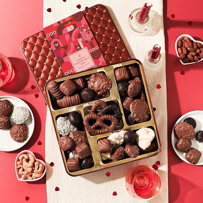 Valentines Day Chocolate Gift Basket, Food Gifts Arrangement Platter, Gourmet Snack Box, For Her, Wife, Spouse, Girlfriend, Romatic, Lover, Mom- Bonnie & Pop