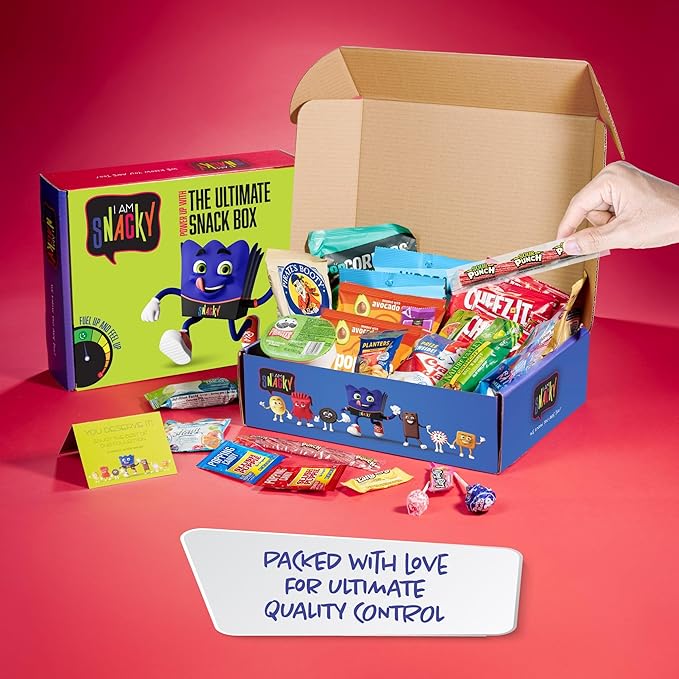 I AM Snacky - Valentines Day Snack Box Variety Pack Care Package + Greeting Card - SNACKY'S PARTY PACK (100 Count) Birthday Sweet Treats Gift Basket, Candies Chips