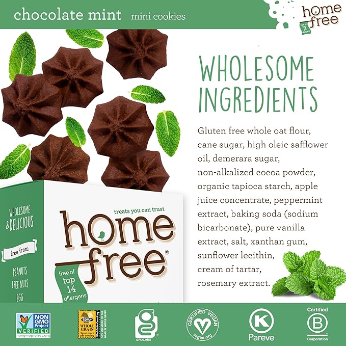 Homefree Chocolate Mint Mini Cookies, Gluten Free, Nut Free, Vegan, School Safe and Allergy Friendly Snack, 5 oz. Box (Pack of 6)
