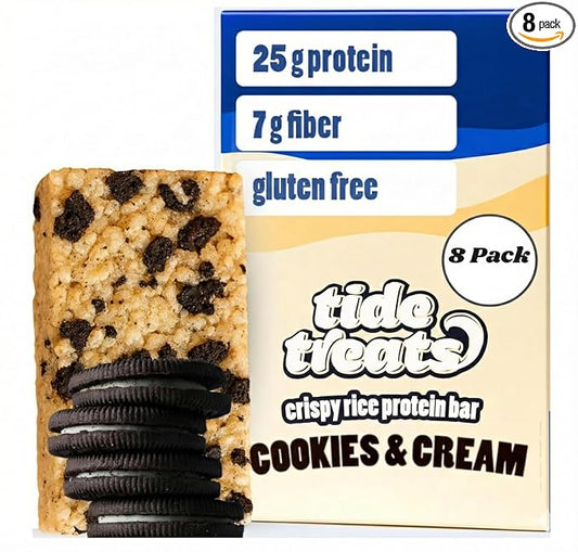Crispy Rice Protein Treat Bar Cookies And Cream | 25g Protein, Low Sugar, Clean Ingredients, 7 g Fiber, Gluten Free | High Protein Snack for On-the-Go, Post-Workout or Dessert Cravings | 8 Count