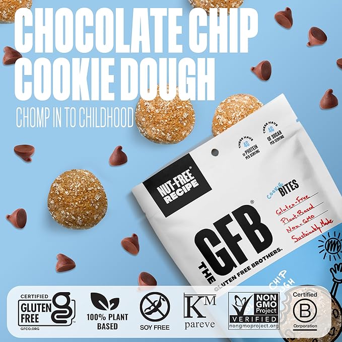 The Gluten Free Brothers Chocolate Chip Cookie Dough Nut Free Bites - Allergen Friendly, Gluten Free, Soy Free Protein Balls – Plant Based Vegan Non-GMO Snack Size Protein Energy Balls, 4 oz (4 Count)