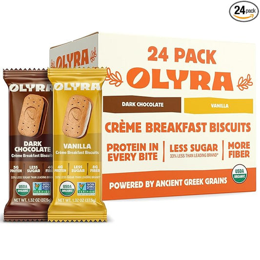 Olyra Variety Pack, Vanilla - Dark Chocolate Sandwiches Breakfast Biscuits, Healthy Snacks for Adults and Kids, Low Sugar, Organic Cookies, Office Snacks, USDA Certified, Non GMO 24 Packs