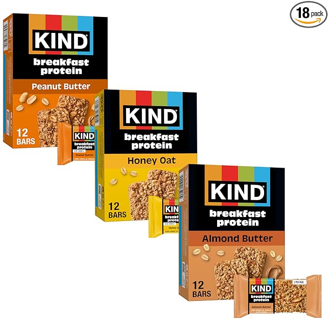 KIND Breakfast Protein Variety Pack, Peanut Butter, Honey Oat, Almond Butter, 8g Protein, Gluten Free Snack Bars, Non-GMO, 18 Count