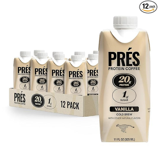 Prés - Protein Coffee - High Protein - Real Cold Brew - 20g Protein - 1g Sugar - 100 Calories - No Added Sugar - Coffee - Protein - 11 FL OZ - 12 Pack (Vanilla)