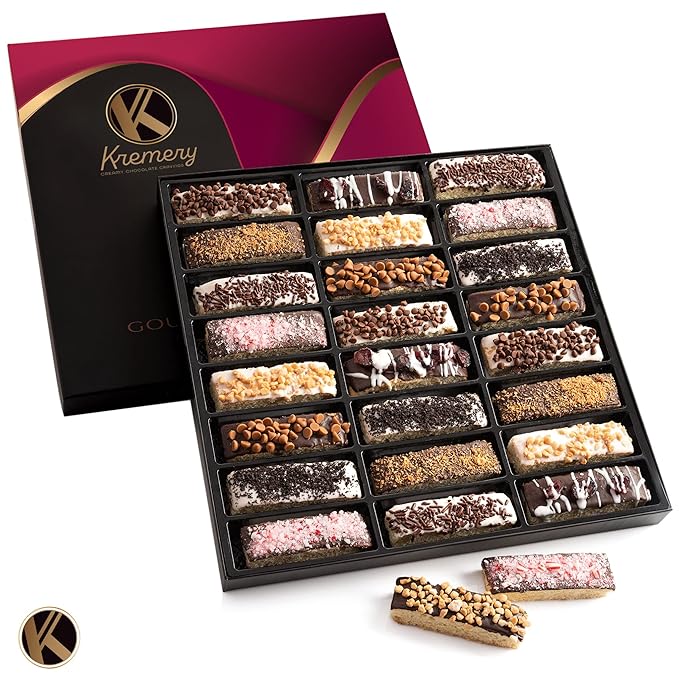 KREMERY Creamy Chocolate Cravings - Valentines Day Chocolate Covered Biscotti Cookies Gift Basket, in Elegant Gift Box (24 Biscotties, Assorted Sweet Toppings) Sweet Treats Food Arrangement, Kosher