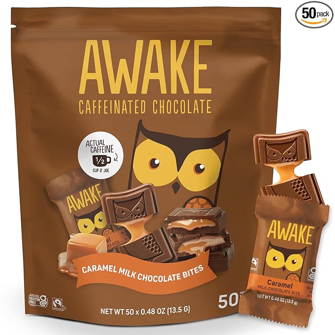 AWAKE - Caffeinated Chocolate Bites - Caramel Milk Chocolate, 50 Bites - 50mg Caffeine - Individually Wrapped Energy Bites - Coffee Alternative - Fairtrade, Gluten Free, Non GMO - 0.48oz