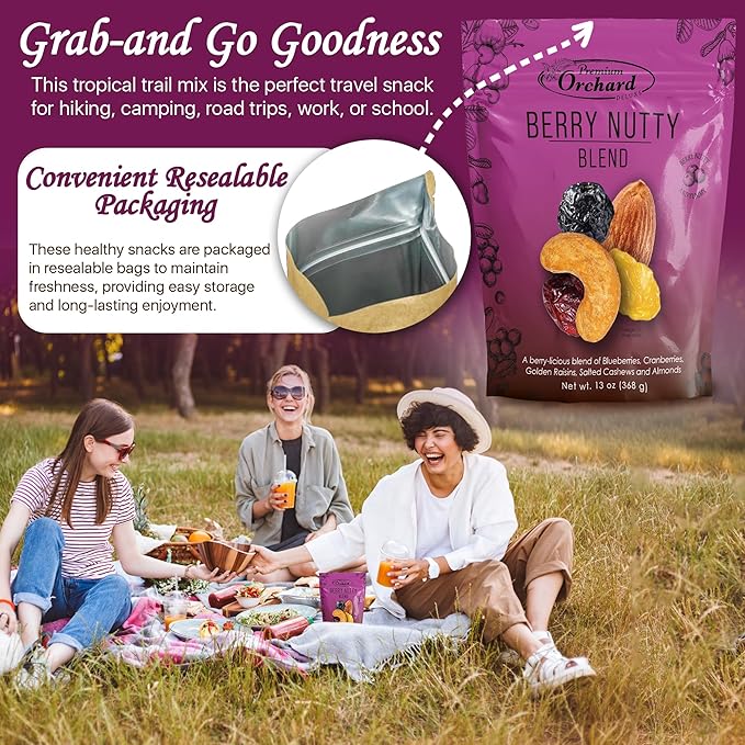 PREMIUM ORCHARD Berry Nutty Blend - Deluxe Mixed Nuts with Dried Cranberries, Golden Raisins, Blueberries | Healthy Trail Mix with Nuts, Mixed Berries