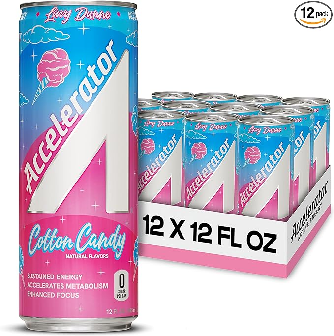 Accelerator Energy Drink, Cotton Candy 12oz can (12 pack), Zero Sugar, Sustained Energy from 100% Natural Caffeine (200mg from Green Coffee Bean & Green Tea extract)