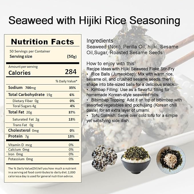LENITH Korean Premium Seaweed and Hijiki, K-food Snack, Sweet and Nutty Rice Flakes, Easy making for Camping, Travel, Simple Meal, School Lunch, Drinking snacks, Appetizers_1.76 oz (50g)