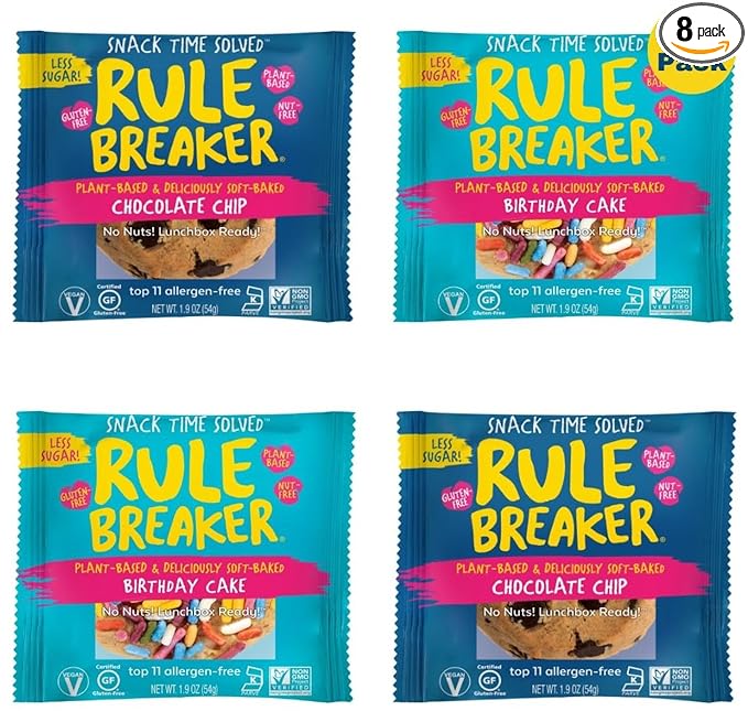 Rule Breaker Vegan & Gluten Free Cookies | Chocolate Chip & Birthday Cake | Plant-Based, Dairy, Nut, Soy, Allergen Free, Kosher | Soft-Baked School Snacks Cookies for Kids & Adults (Pack of 8)