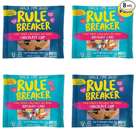 Rule Breaker Vegan & Gluten Free Cookies | Chocolate Chip & Birthday Cake | Plant-Based, Dairy, Nut, Soy, Allergen Free, Kosher | Soft-Baked School Snacks Cookies for Kids & Adults (Pack of 8)