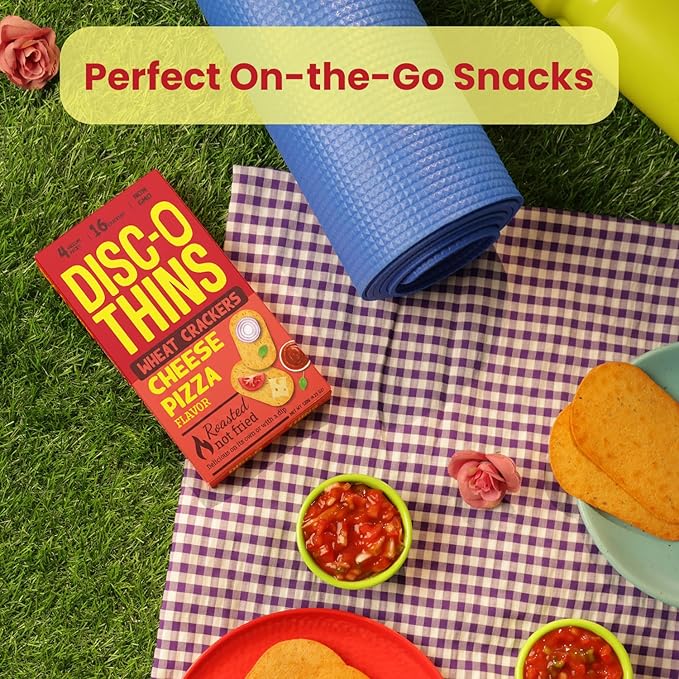Disc-O Thins Whole Wheat Crackers - Crunchy Roasted Snack, High-Fiber & Low-Fat On-the-go Snack Chips, 96pcs (Cheese Pizza) - Healthy Family Travel Snack, Non-GMO - Great with Salsa, Cheese, Charcuterie Boards