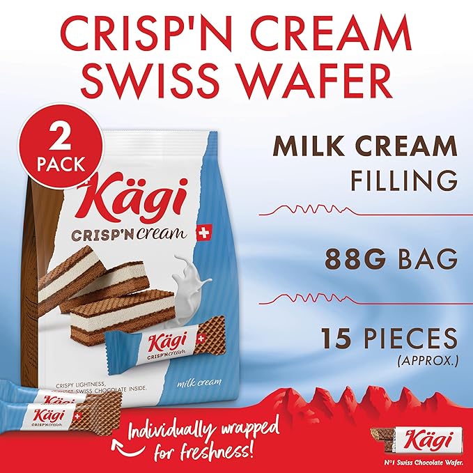 Swiss Milk Chocolate Mousse Filled Wafers by Kägi, Individually Wrapped Snacks, Chocolate Gift, Kägi Crisp'n Cream Milk Cream, 2-Pack, 88g Bags