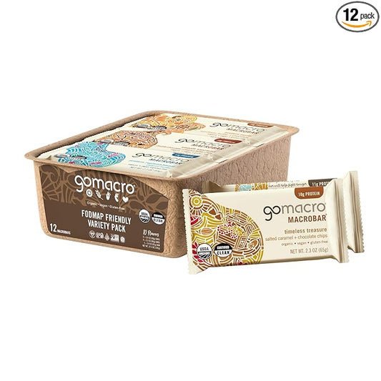 GoMacro MacroBar Organic Vegan Protein Bars - FODMAP Friendly Variety Pack (2.0-2.3 Ounce Bars, 12 Count)