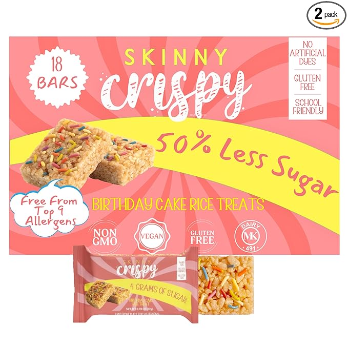 Skinny Crispy Birthday Cake Rice Treats – Low Sugar (4g), Vegan, Gluten-Free, Dairy-Free, Non-GMO, Top 9 Allergen-Free, Healthy Snack Bars, 18 Count