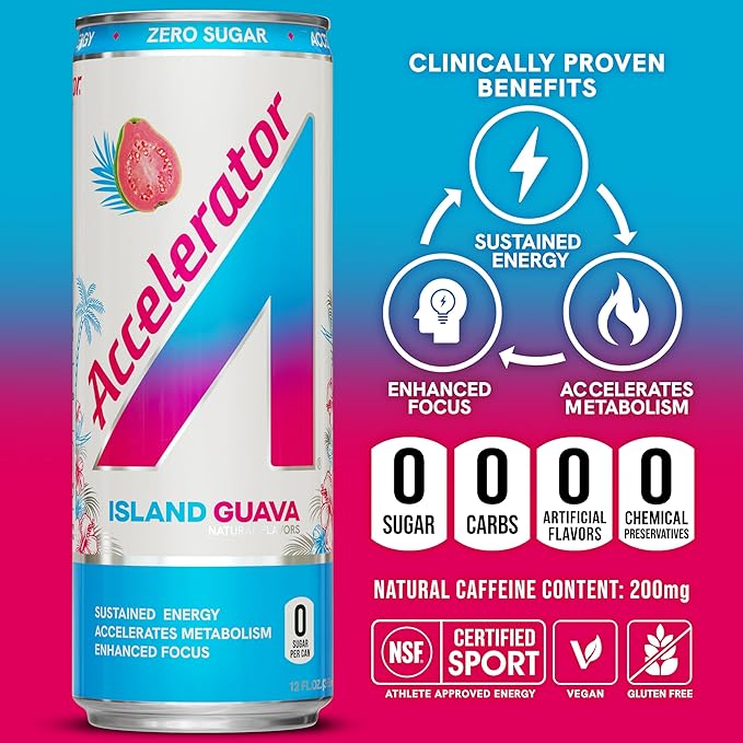 Accelerator Energy Drink, Island Guava 12oz can (12 pack), Zero Sugar, Sustained Energy from 100% Natural Caffeine (200mg from Green Coffee Bean & Green Tea extract)
